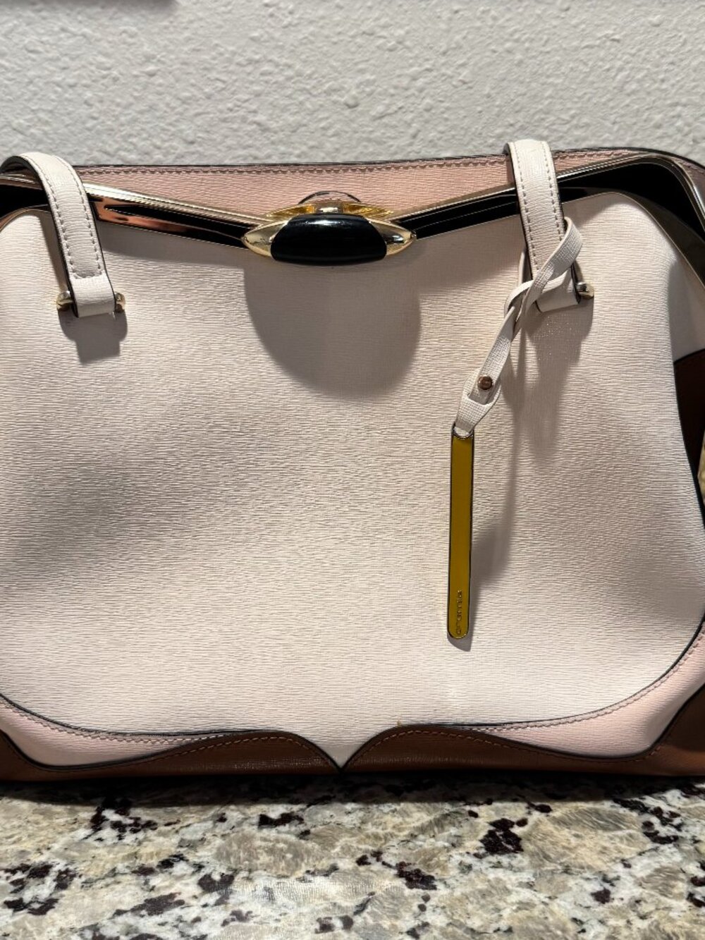 Cromia Italian Leather Frame Handbag Purse Brown Cream Gold Clasp Made Italy